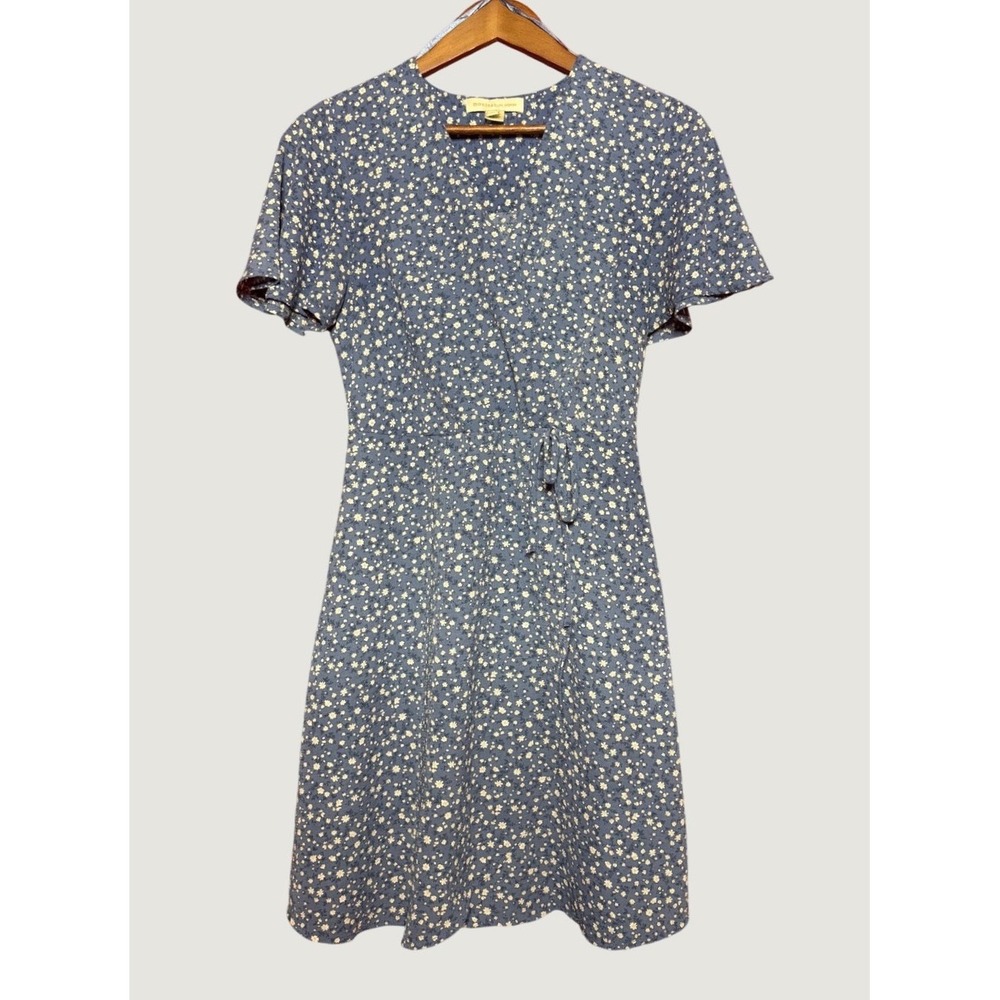 Monteau Floral Mini Dress Women LG Blue Excellent Short Flutter Sleeve Faux Wrap